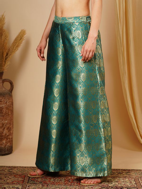 Globus Women Teal & Silver Floral Jaal Print Partially Elaticated Wide Leg Palazzos