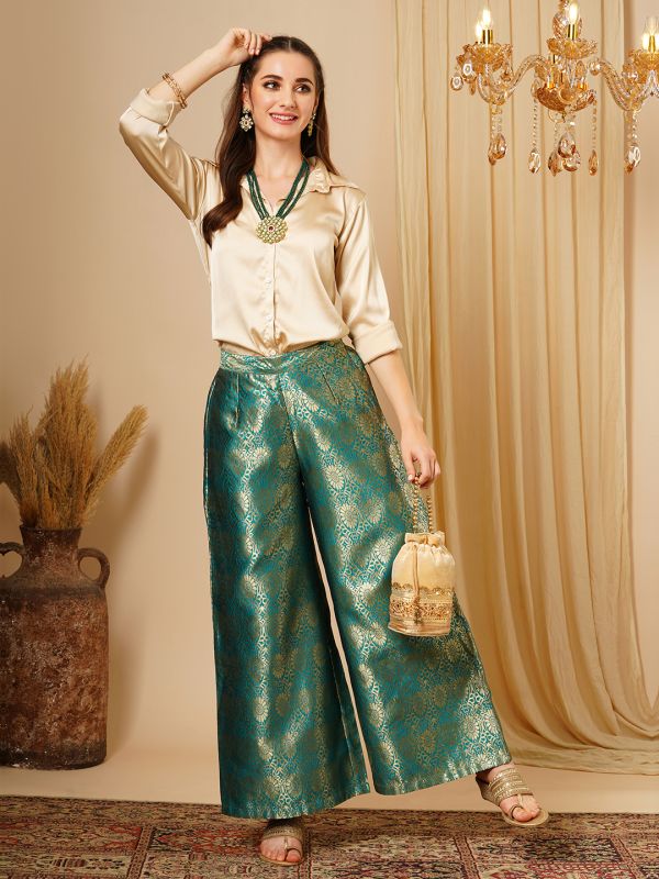 Globus Women Teal & Silver Floral Jaal Print Partially Elaticated Wide Leg Palazzos