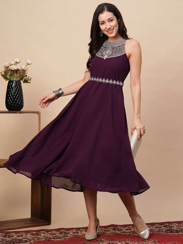 Globus Women Purple Embroidered A-Line Festive Midi Dress With Belt