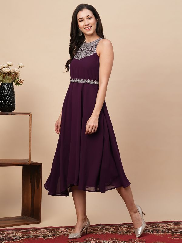 Globus Women Purple Embroidered A-Line Festive Midi Dress With Belt