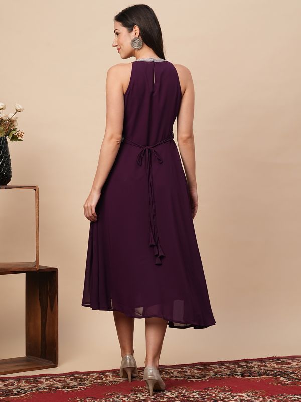 Globus Women Purple Embroidered A-Line Festive Midi Dress With Belt