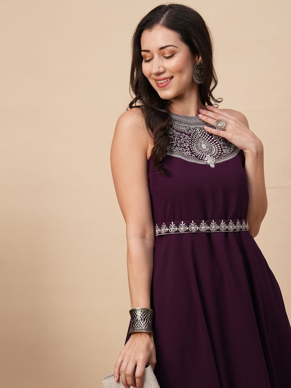 Globus Women Purple Embroidered A-Line Festive Midi Dress With Belt