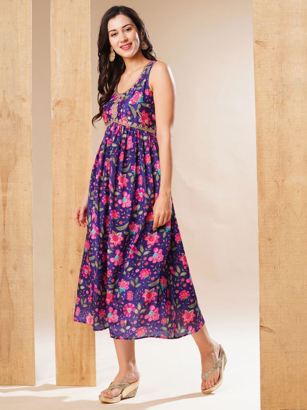 Globus Women Purple Sequinned & Embroidered Yoke Allover Floral Print Gathered Festive A-Line Aliya Cut Maxi Dress