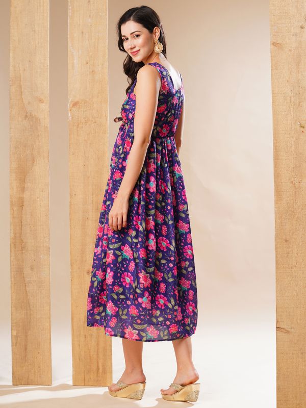 Globus Women Purple Sequinned & Embroidered Yoke Allover Floral Print Gathered Festive A-Line Aliya Cut Maxi Dress