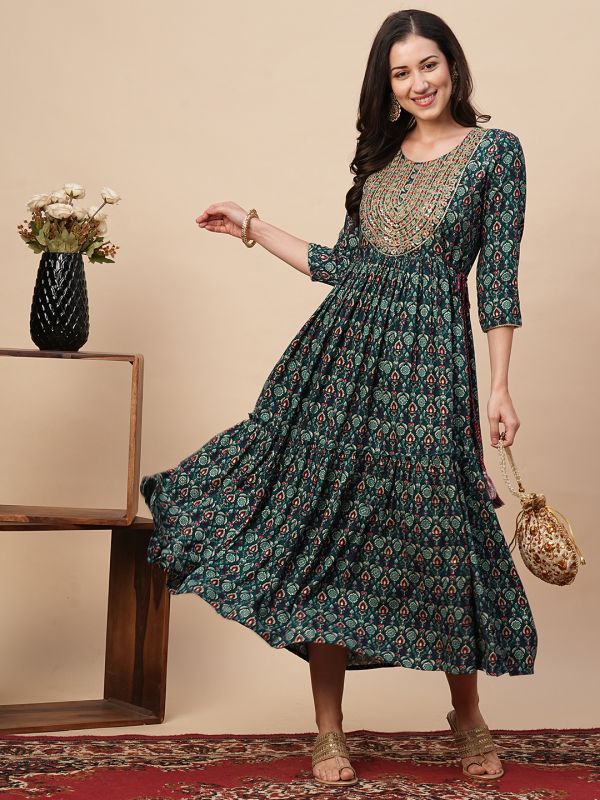 Globus Women Teal Embroidered Yoke A-Line Tiered Festive Midi Dress