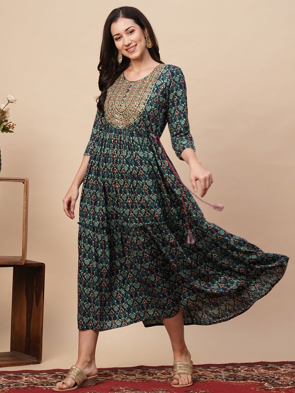 Globus Women Teal Embroidered Yoke A-Line Tiered Festive Midi Dress