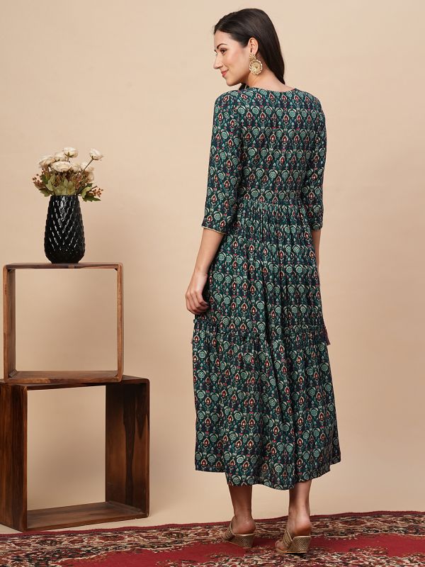 Globus Women Teal Embroidered Yoke A-Line Tiered Festive Midi Dress