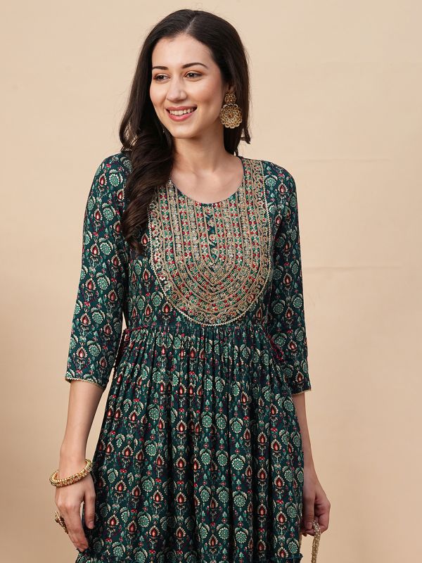 Globus Women Teal Embroidered Yoke A-Line Tiered Festive Midi Dress