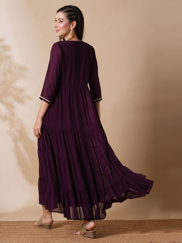 Globus Women Purple Embroidered & Sequinned Yoke Fit & Flare Tiered Festive Maxi Dress