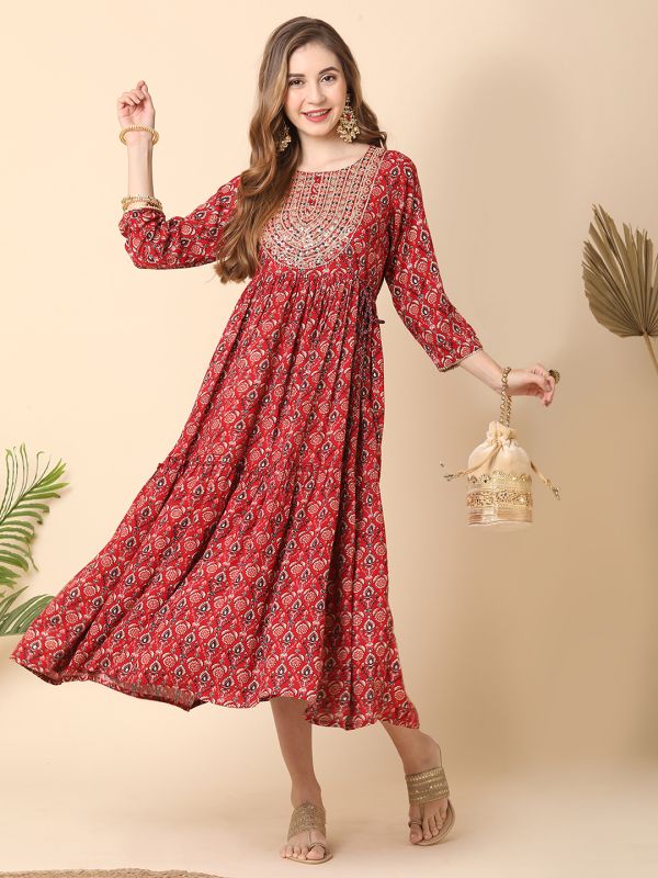 Globus Women Red Ethnic Motif Embroidered Yoke Flared Midi Dress