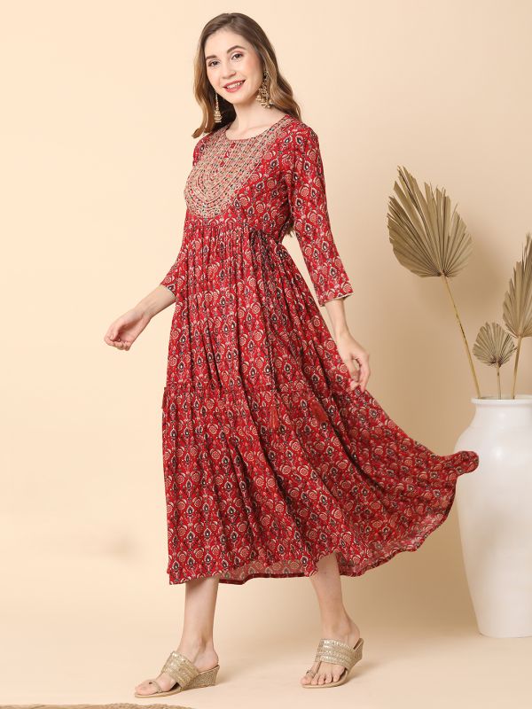 Globus Women Red Ethnic Motif Embroidered Yoke Flared Midi Dress