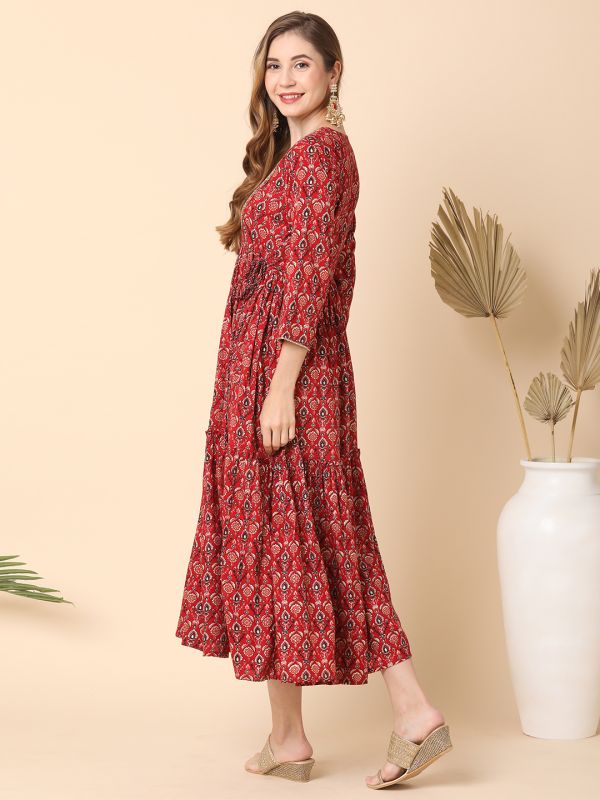 Globus Women Red Ethnic Motif Embroidered Yoke Flared Midi Dress