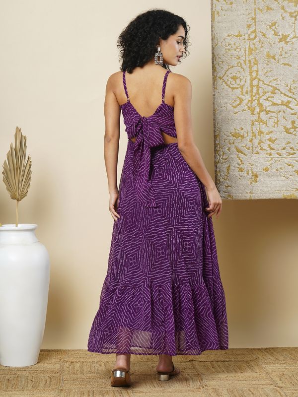 Globus Women Purple Strappy Shoulder Back Tie-up Flared Hem Bandhani Printed A-Line Maxi Dress