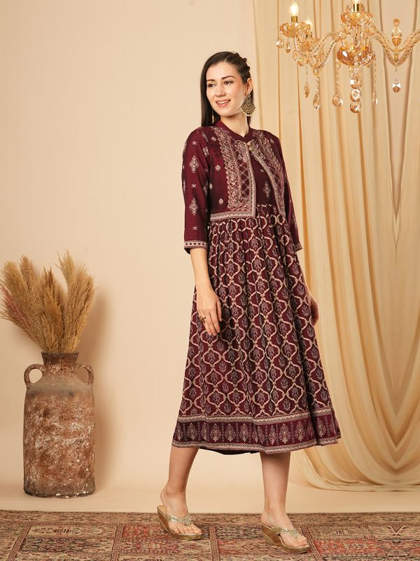 Globus Women Maroon Allover Butti Print Panelled Pleated A-Line Midi Festive Dress With Sleeveless Detachable Koti