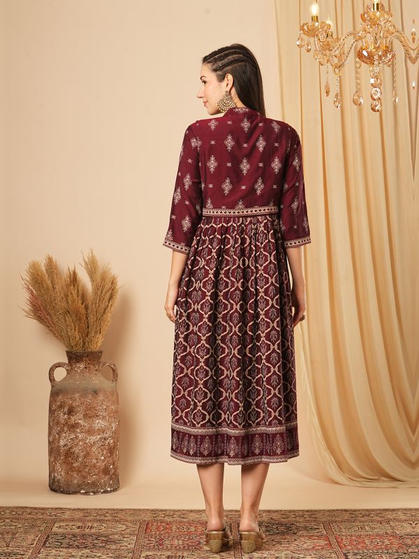 Globus Women Maroon Allover Butti Print Panelled Pleated A-Line Midi Festive Dress With Sleeveless Detachable Koti