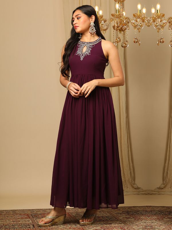 Globus Women Purple Zari Embroidered & Sequinned Keyhole Halter Neck Fit & Flare Fusion Maxi Dress