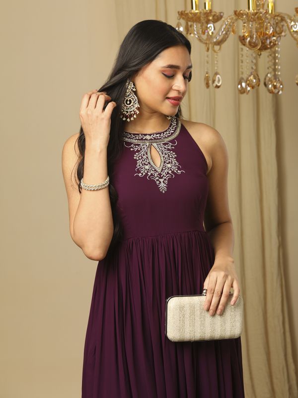 Globus Women Purple Zari Embroidered & Sequinned Keyhole Halter Neck Fit & Flare Fusion Maxi Dress