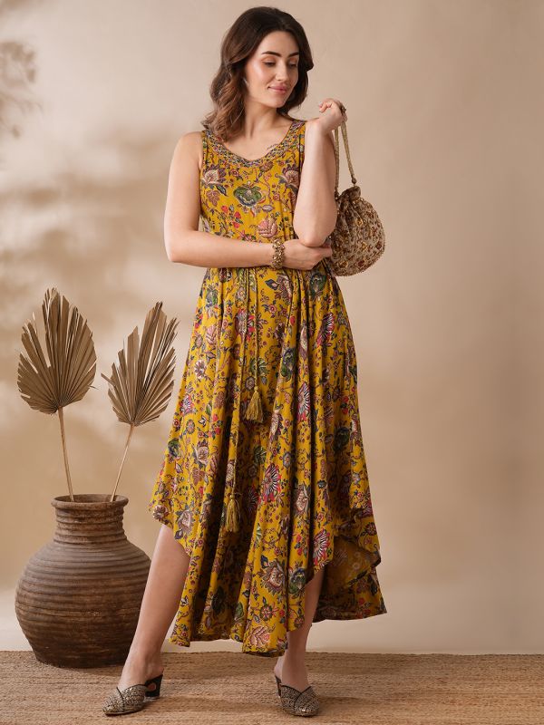 Globus Women Yellow Persian Floral Design Sequinned Embroidered Neck Asymmetric Hem Maxi Fusion Dress