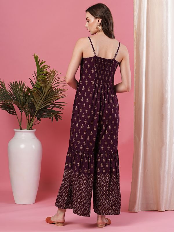 Globus Women Wine Strappy With V Embroidered Allover Printed Flared Leg Jumpsuit