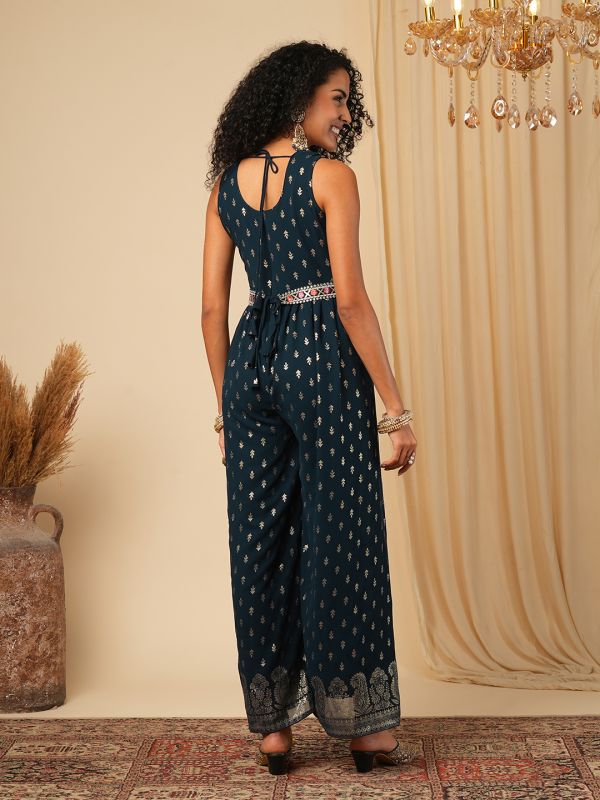 Globus Women Blue Zari Embroidered Yoke Allover Ethnic Motifs Foil Print Pleated Fusion Jumpsuit with Belt