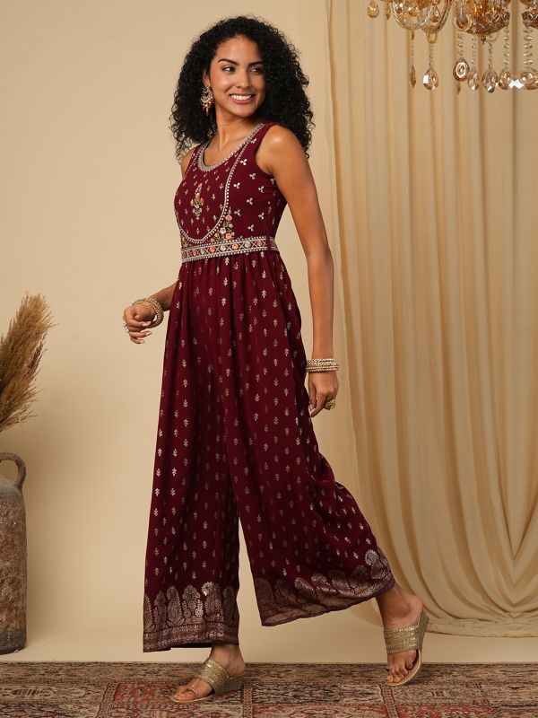 Globus Women Maroon Zari Embroidered Yoke Allover Ethnic Motifs Foil Print Pleated Fusion Jumpsuit with Belt