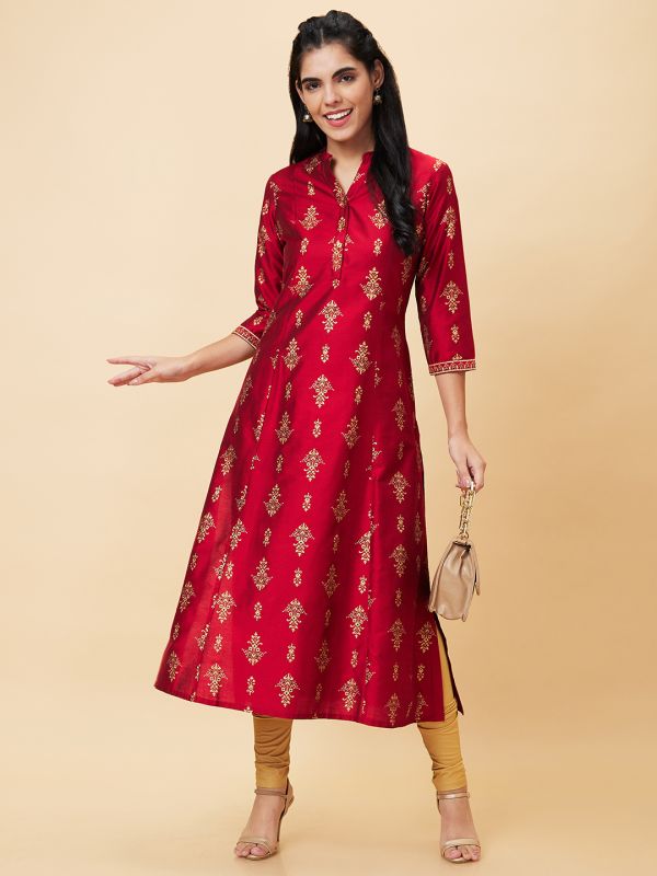 Globus Women Red Printed Mandarin Collar A-Line Kurta