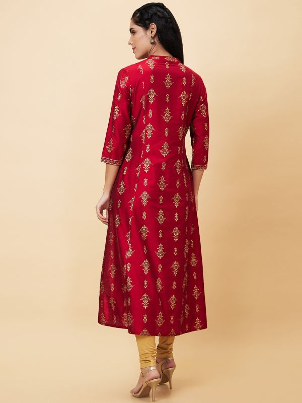 Globus Women Red Printed Mandarin Collar A-Line Kurta