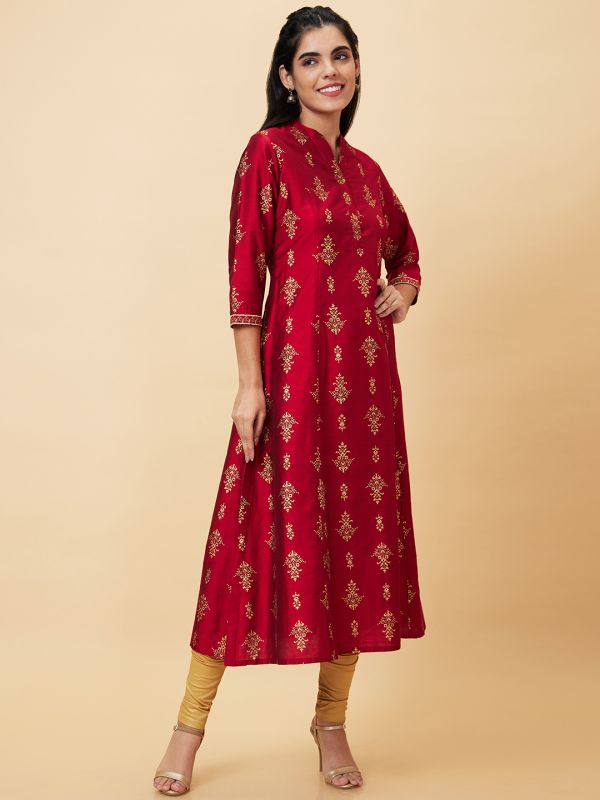 Globus Women Red Printed Mandarin Collar A-Line Kurta