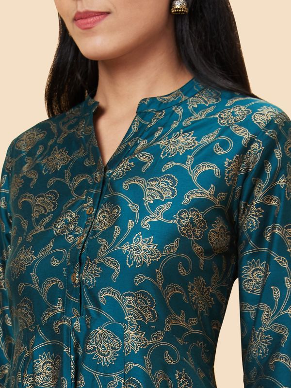 Globus Women Dark Green Printed Mandarin Collar A-Line Kurta