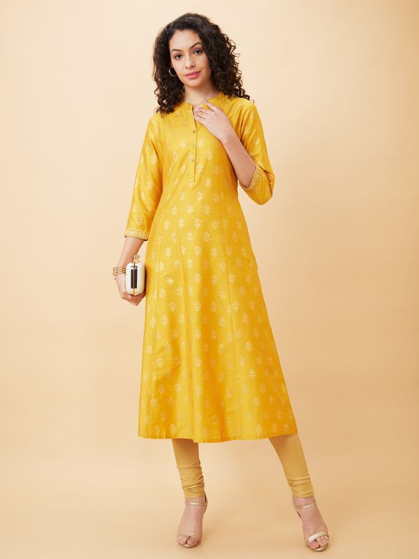 Globus Women Mustard Printed Mandarin Collar A-Line Kurta