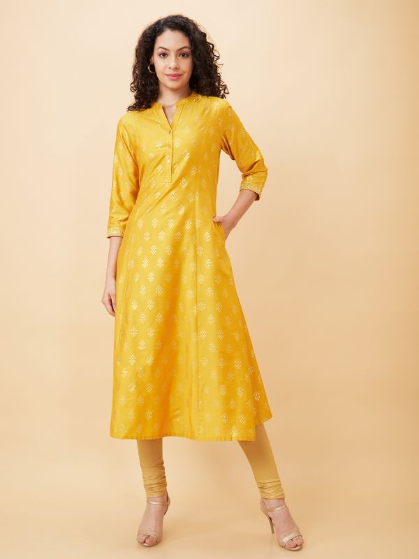 Globus Women Mustard Printed Mandarin Collar A-Line Kurta