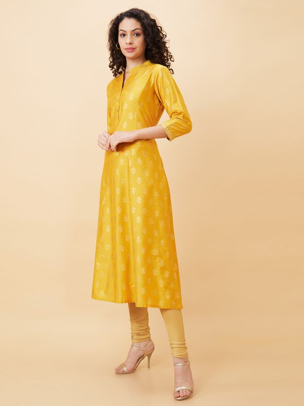 Globus Women Mustard Printed Mandarin Collar A-Line Kurta