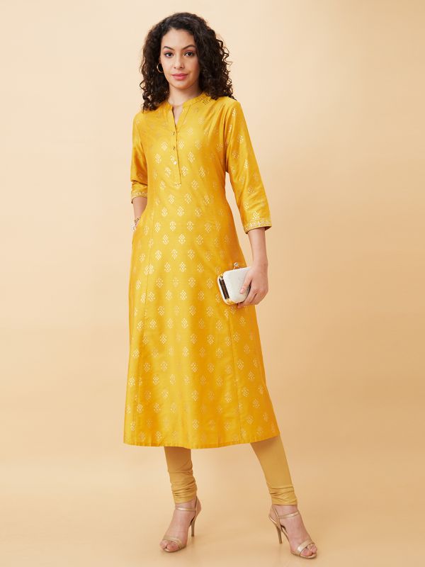 Globus Women Mustard Printed Mandarin Collar A-Line Kurta