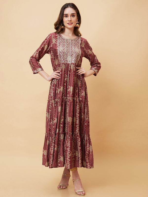 Globus Women Wine Printed Yoke Sequins Embroidery Tiered A-Line Festive Kurta