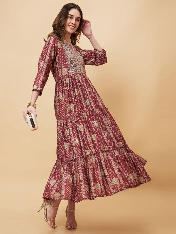 Globus Women Wine Printed Yoke Sequins Embroidery Tiered A-Line Festive Kurta