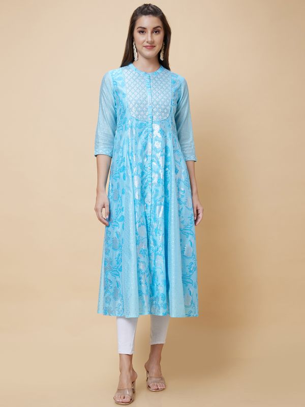 Globus Women Blue Floral Print Yoke Embroidered Mandarin Collar Festive Anarkali Kurta