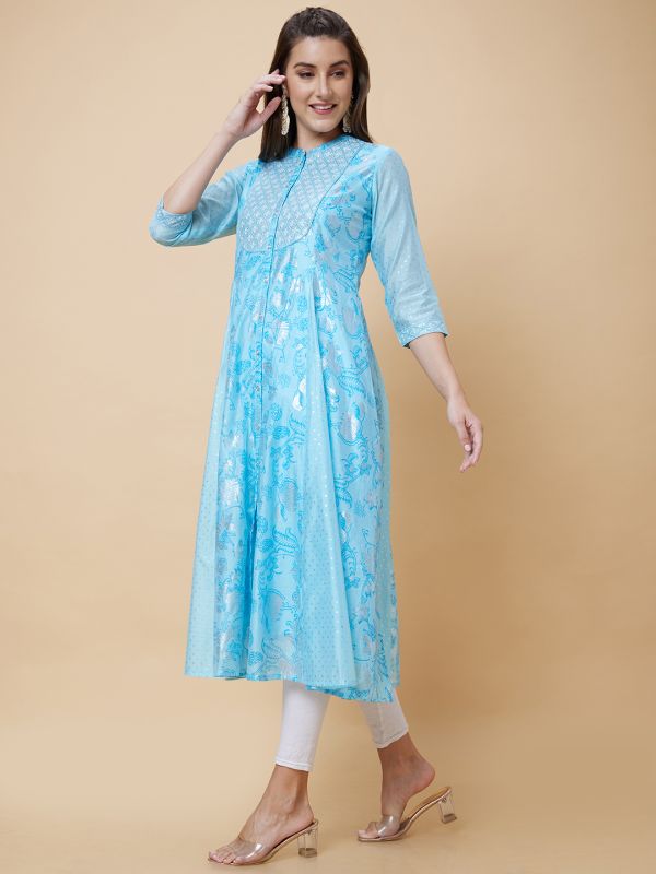 Globus Women Blue Floral Print Yoke Embroidered Mandarin Collar Festive Anarkali Kurta