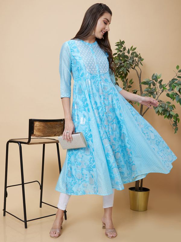 Globus Women Blue Floral Print Yoke Embroidered Mandarin Collar Festive Anarkali Kurta