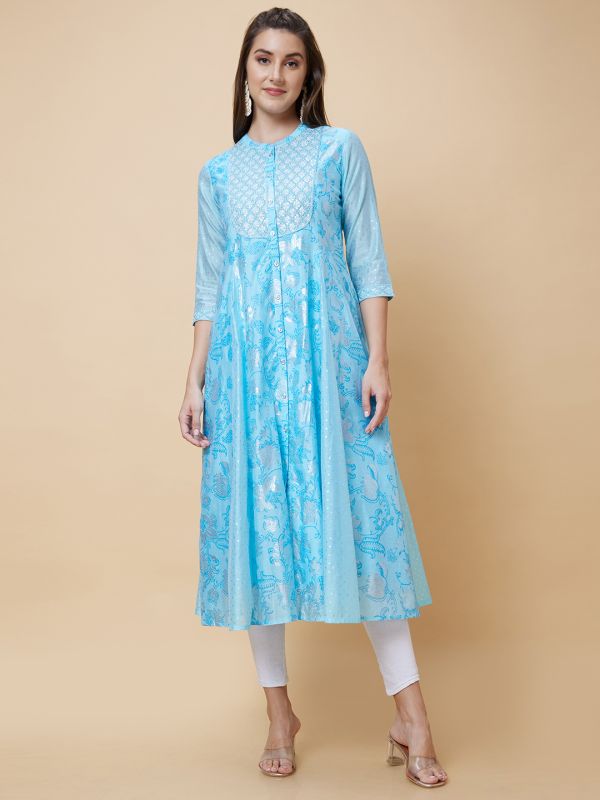 Globus Women Blue Floral Print Yoke Embroidered Mandarin Collar Festive Anarkali Kurta