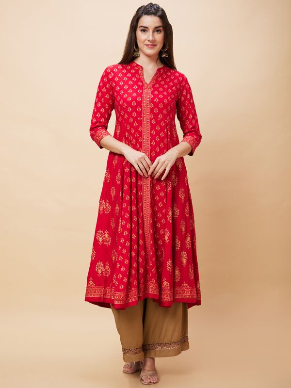 Globus Women Red Ethnic Motifs Print Mandarin Collar Festive Panelled Anarkali Kurta