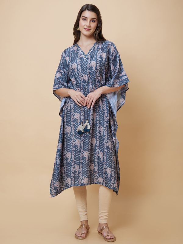 Globus Women Teal Printed Festive Kaftan Kurta