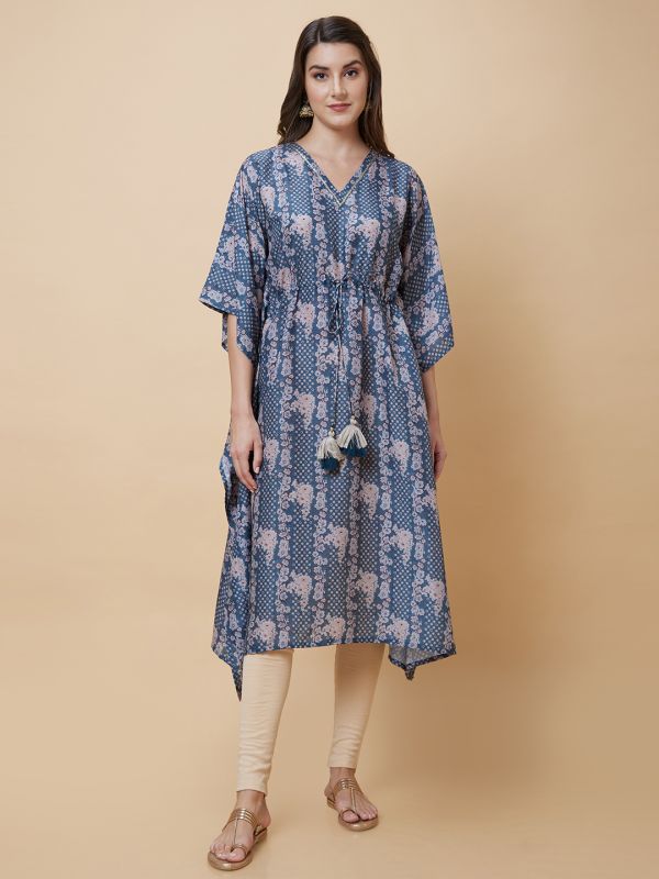 Globus Women Teal Printed Festive Kaftan Kurta