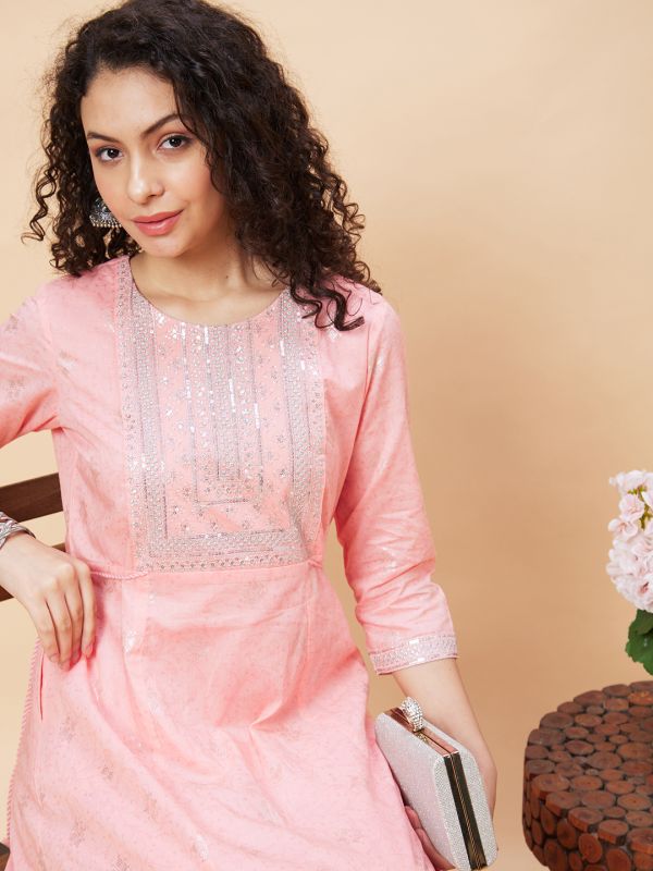 Globus Women Peach Ethnic Motifs Print Round Neck Flared Tiered A-Line Festive Kurta with Yoke Sequinned and Tie Up Details