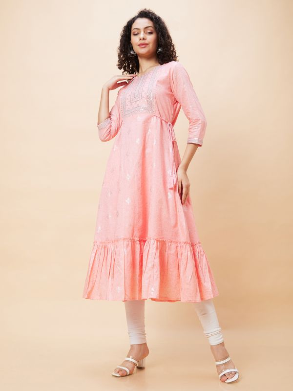 Globus Women Peach Ethnic Motifs Print Round Neck Flared Tiered A-Line Festive Kurta with Yoke Sequinned and Tie Up Details