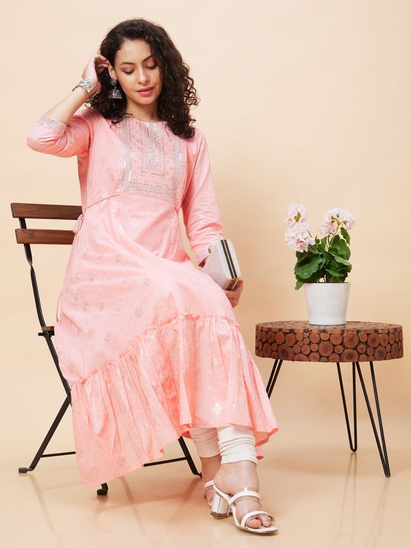 Globus Women Peach Ethnic Motifs Print Round Neck Flared Tiered A-Line Festive Kurta with Yoke Sequinned and Tie Up Details