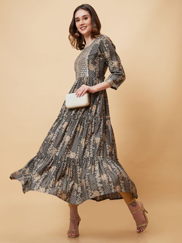 Globus Women Grey Printed Yoke Sequins Embroidery Tiered A-Line Festive Kurta