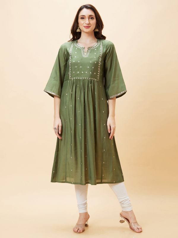 Globus Women Green Embroidered Round Neck Flared Sleeves Festive A-Line Kurta