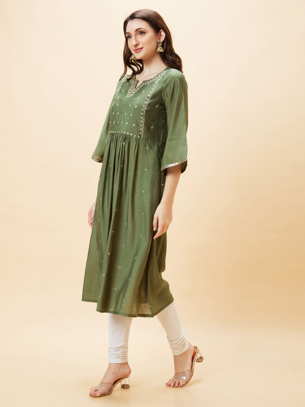 Globus Women Green Embroidered Round Neck Flared Sleeves Festive A-Line Kurta