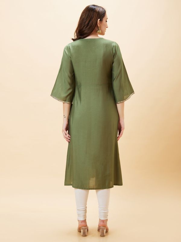 Globus Women Green Embroidered Round Neck Flared Sleeves Festive A-Line Kurta