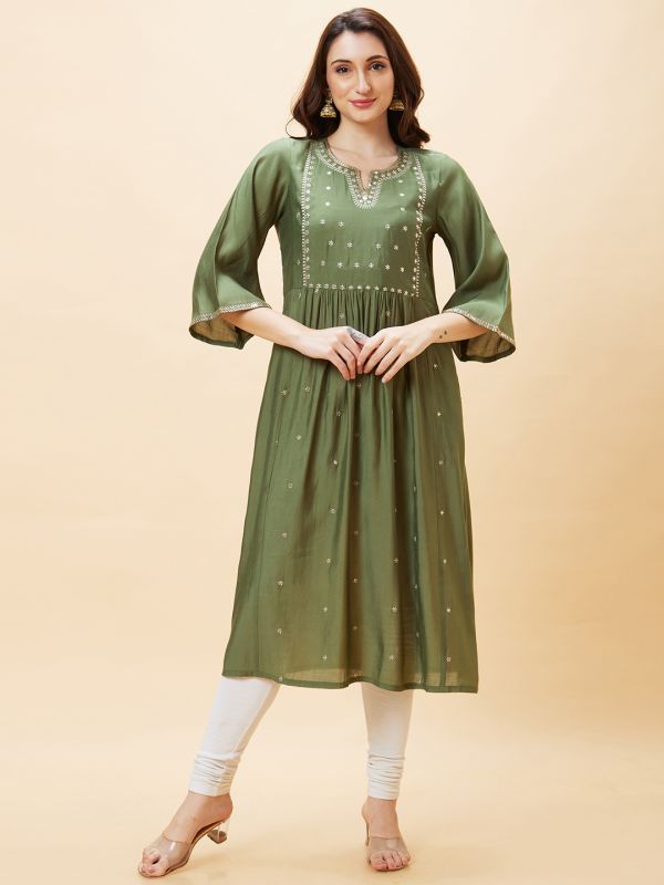 Globus Women Green Embroidered Round Neck Flared Sleeves Festive A-Line Kurta